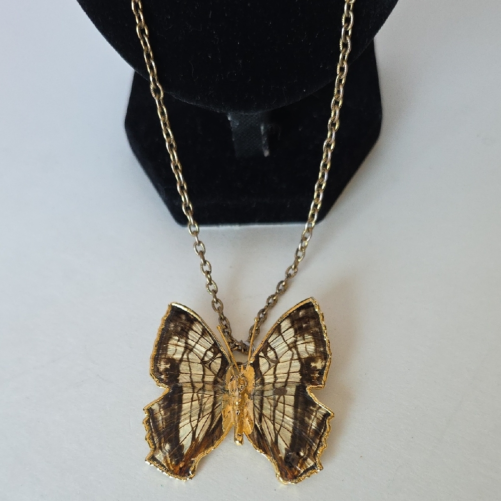 Vintage Map Butterfly Pendant On Goldtone 24 Inch Chain